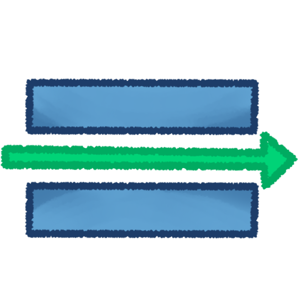 Two long blue rectangles with a green arrow going between them.